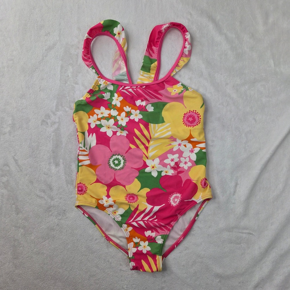 Gymboree One Piece Girls Size 8 Pink Floral Ruffle Strap Swimsuit Excellent